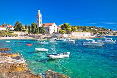 Turquoise sea of Hvar island, franciscian monastery view in Dalmatia, Croatia