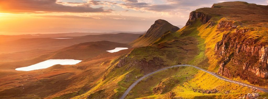 Sunrise over the Quiraing on the Isle of Skye in Scotland.